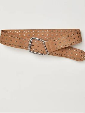 Free People Gemini Tan Studded Buffalo Leather Belt w Silver Buckle Small/Medium